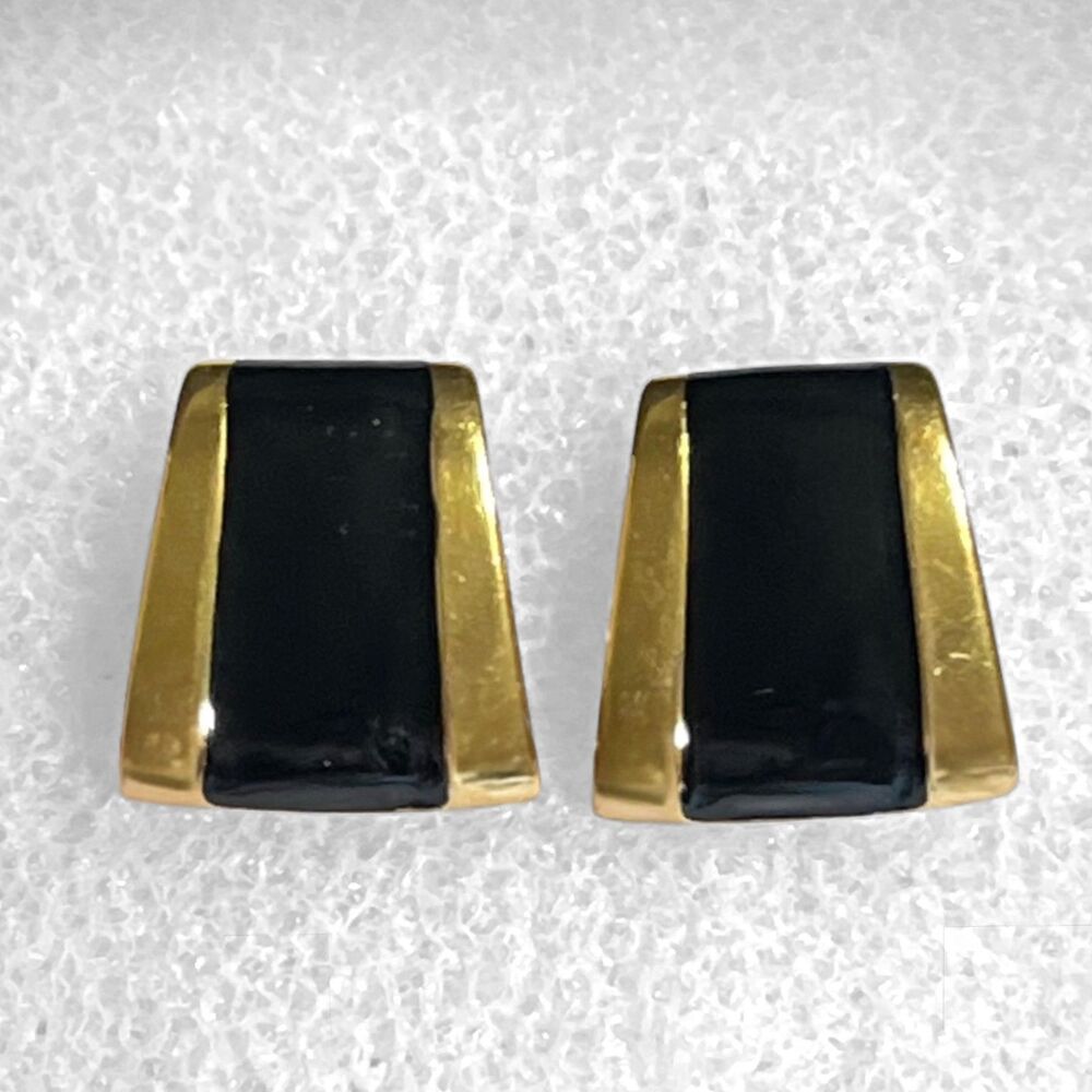 Vintage Monet Earrings Gold Tone Black Enamel Stripe Geometric Pierced 1" Chunky